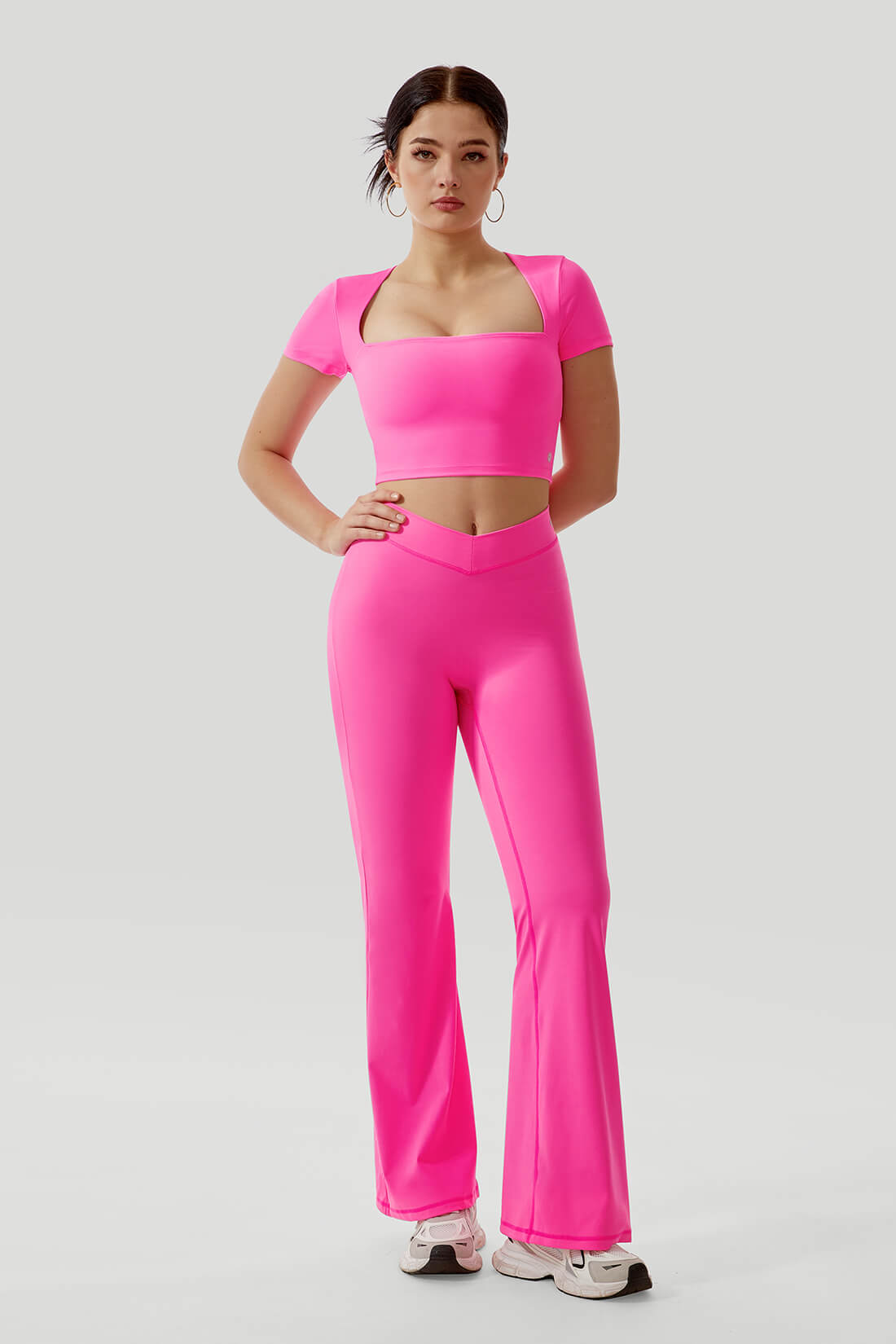 *Market-leading*Short Sleeves V Waisted Butt Lifting 2Pcs Flared Legging Set