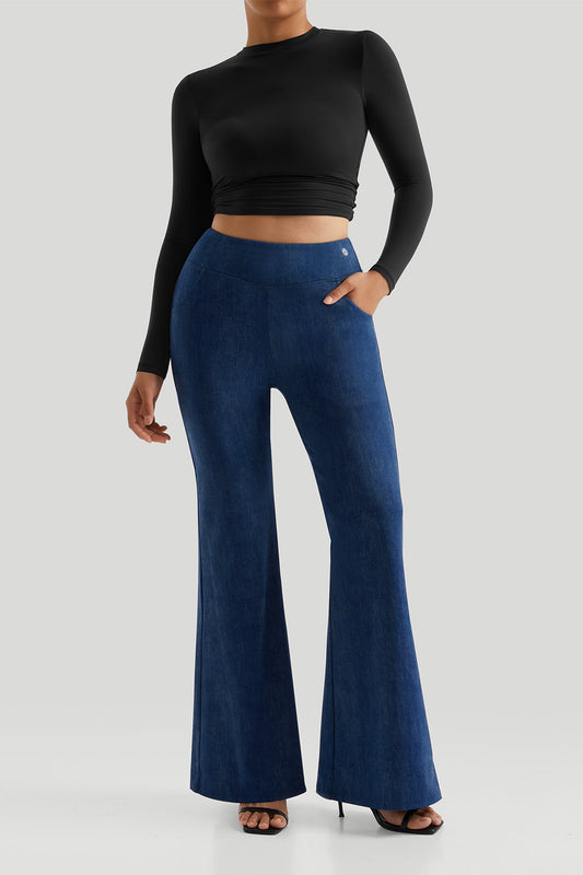 *Market-leading*Long Sleeves Stretchy Faux Denim Flare Pant Sets